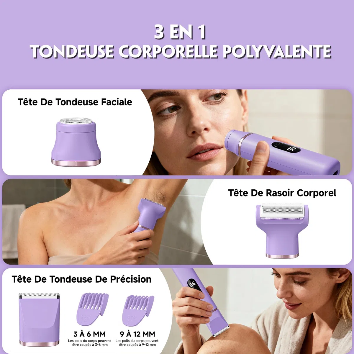Tondeuse Femme Intime Maillot, Rasoir Électrique Femme 3-en-1, Rasoir Femme sans Douleur, Épilateur Visage et Corps Étanche avec Écran LCD pour Jambes, Bras, Aisselles