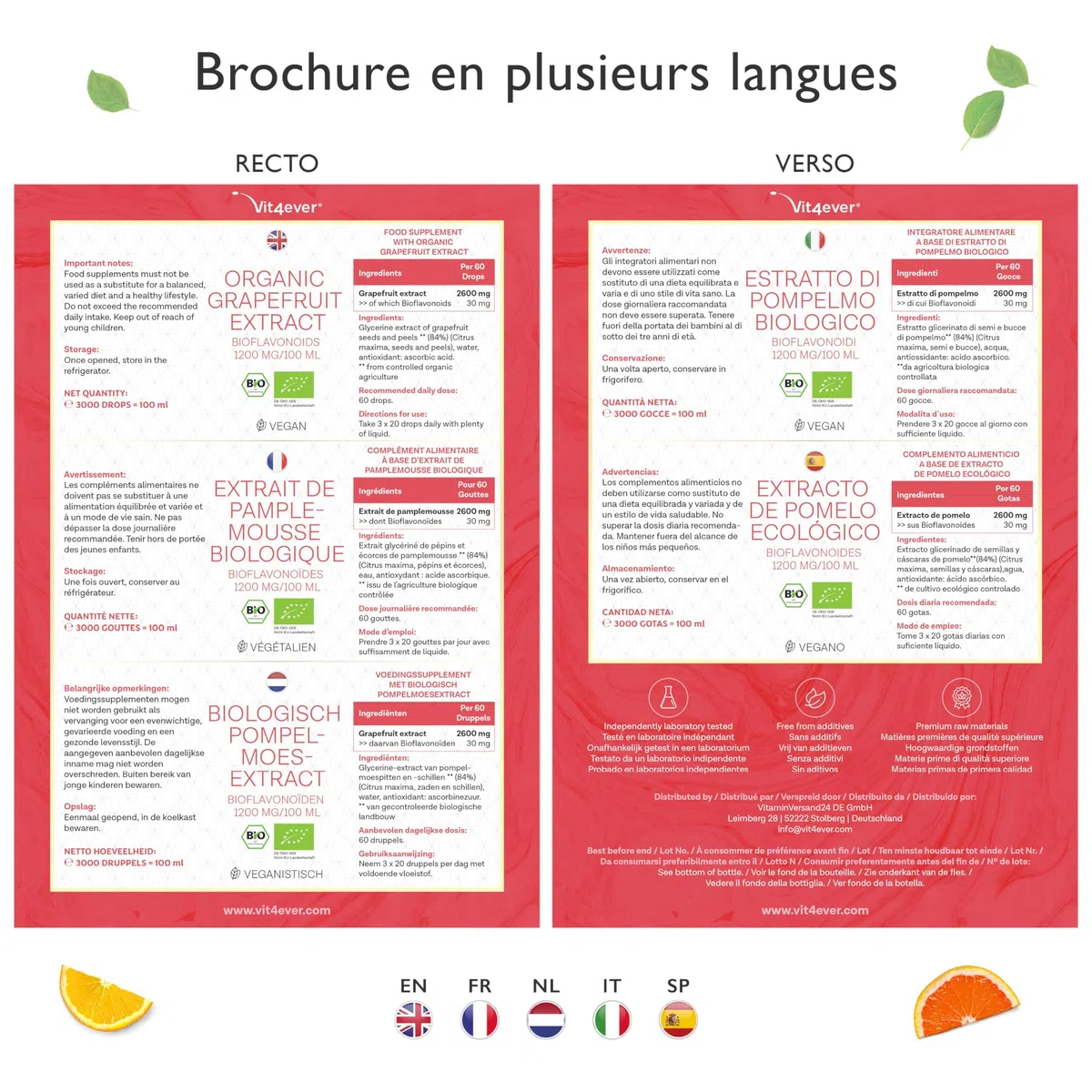 Extrait de pamplemousse bio - Hautement dosé avec 1200mg de bioflavonoïdes / 100ml - Premium : Extrait de pépins et d'écorce de pamplemousse - Certifié biologique - Testé en laboratoire