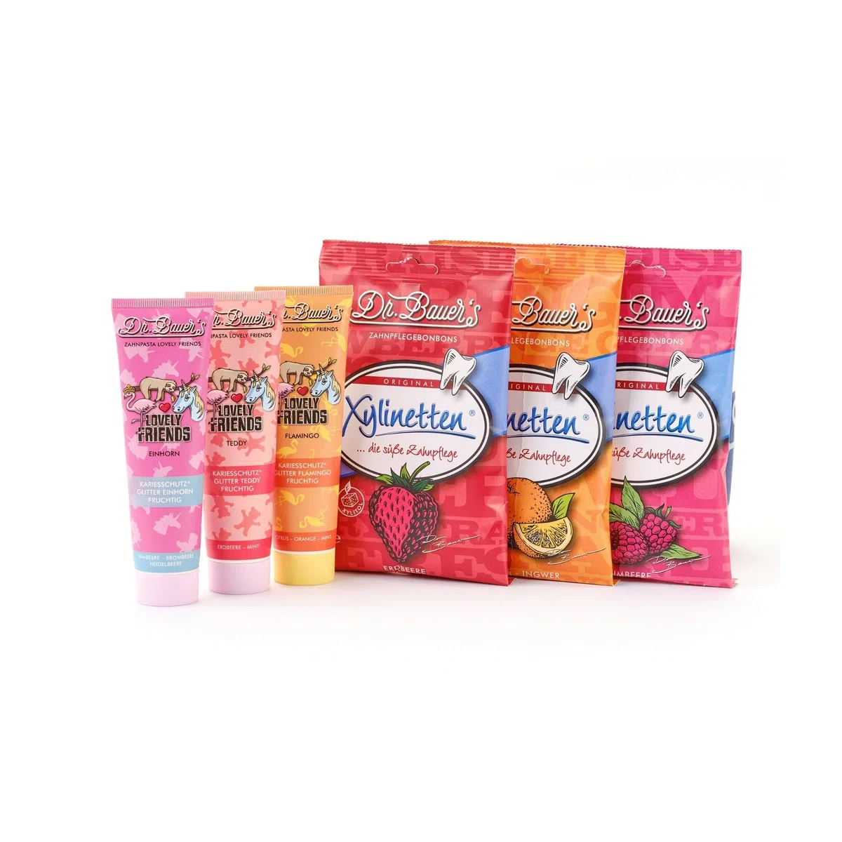 Dr. Bauer's Lovely Friends Lot de 3 tubes de dentifrice à paillettes pour enfants, 3 bonbons xylinettes, sans sucre, doux pour les dents, développé par des dentistes