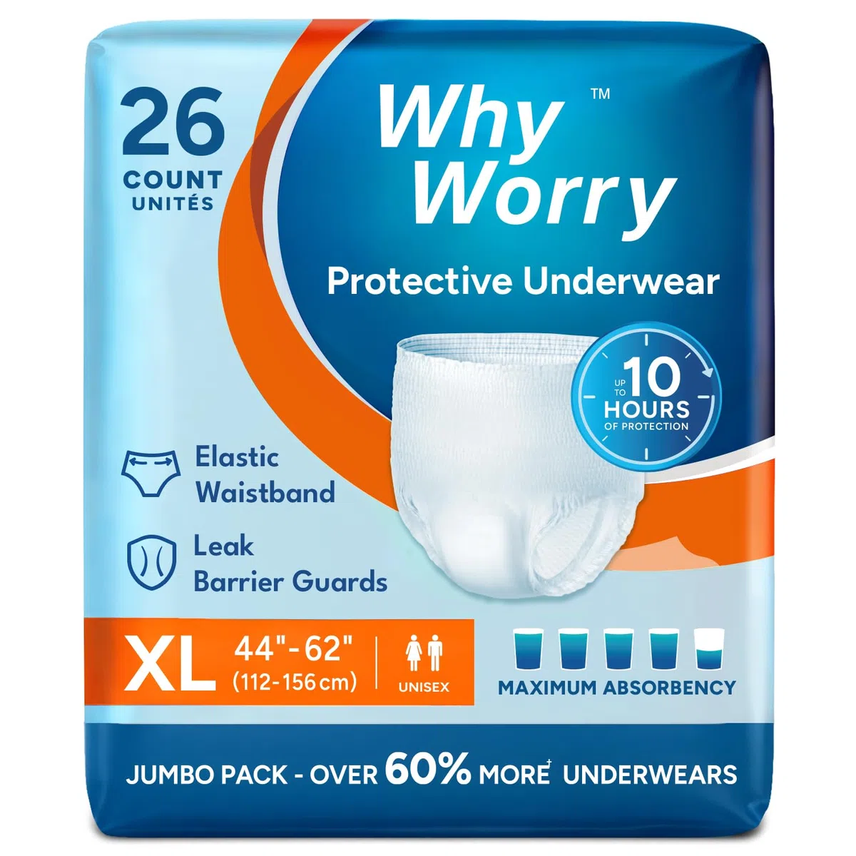 WhyWorry Culottes Incontinence pour Homme et Femme, Couche Culotte Adultes pour Fuites Urinaires, Slips Absorbants Jetables, Contrôle des Odeurs, Anti-fuites, Unisexe, Taille XL, 26 Unités