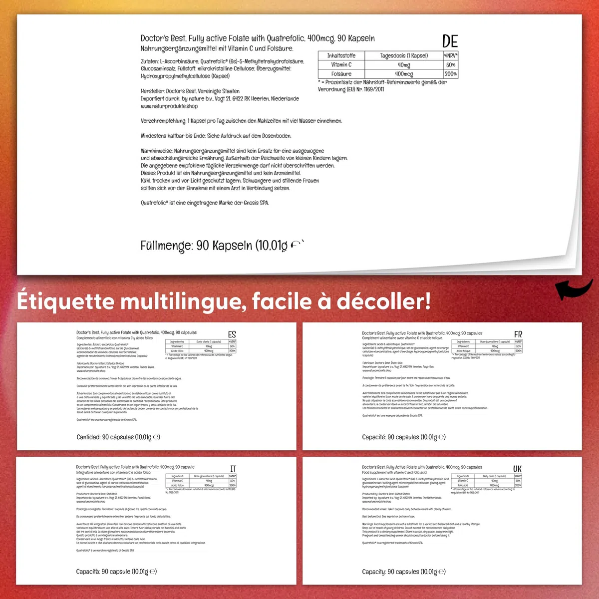 Doctor's Best, Fully Active Folate (Acide Folique), avec Quatrefolic, 400 mcg, 90 Capsules végétaliennes, Vitamine C, Testé en Laboratoire, Haute Dose, Sans Gluten, Sans Soja, Sans OGM