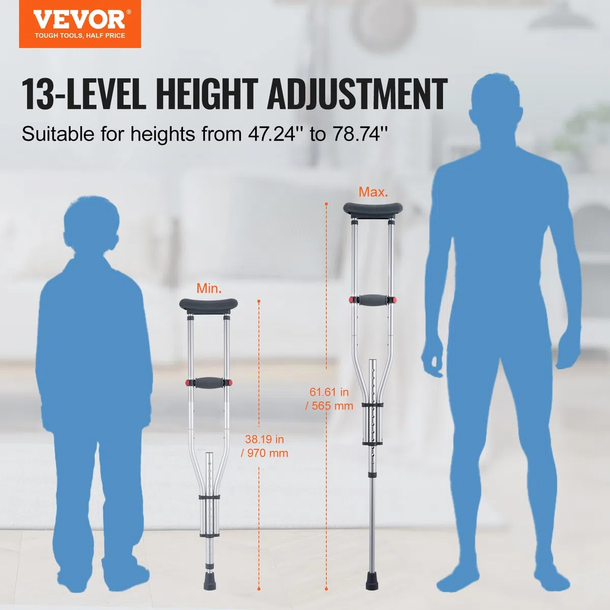 VEVOR Béquilles Axillaires 2PCS, Béquilles de Marche sous Aisselles Bras Réglable en Hauteur 13 Niveaux, en Aluminium, Coussinet Souple, pour Adultes, Adolescents, Chirurgie, Handicap, Blessure Jambe