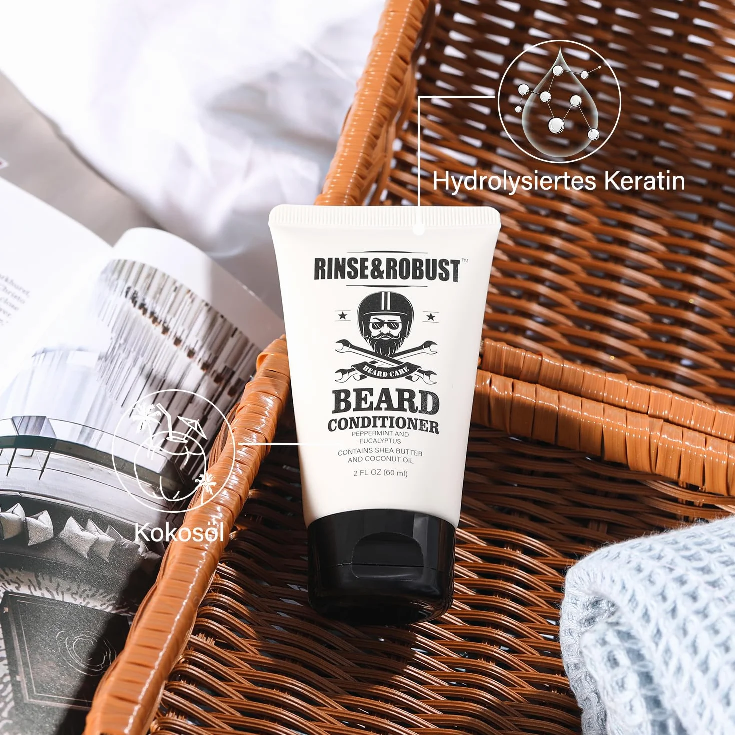 Rinse&Robust Kit de rinçage pour barbe 8 pièces avec sac de voyage, parfum eucalyptus, brosse à barbe, peigne à barbe, ciseaux à barbe, shampoing à barbe