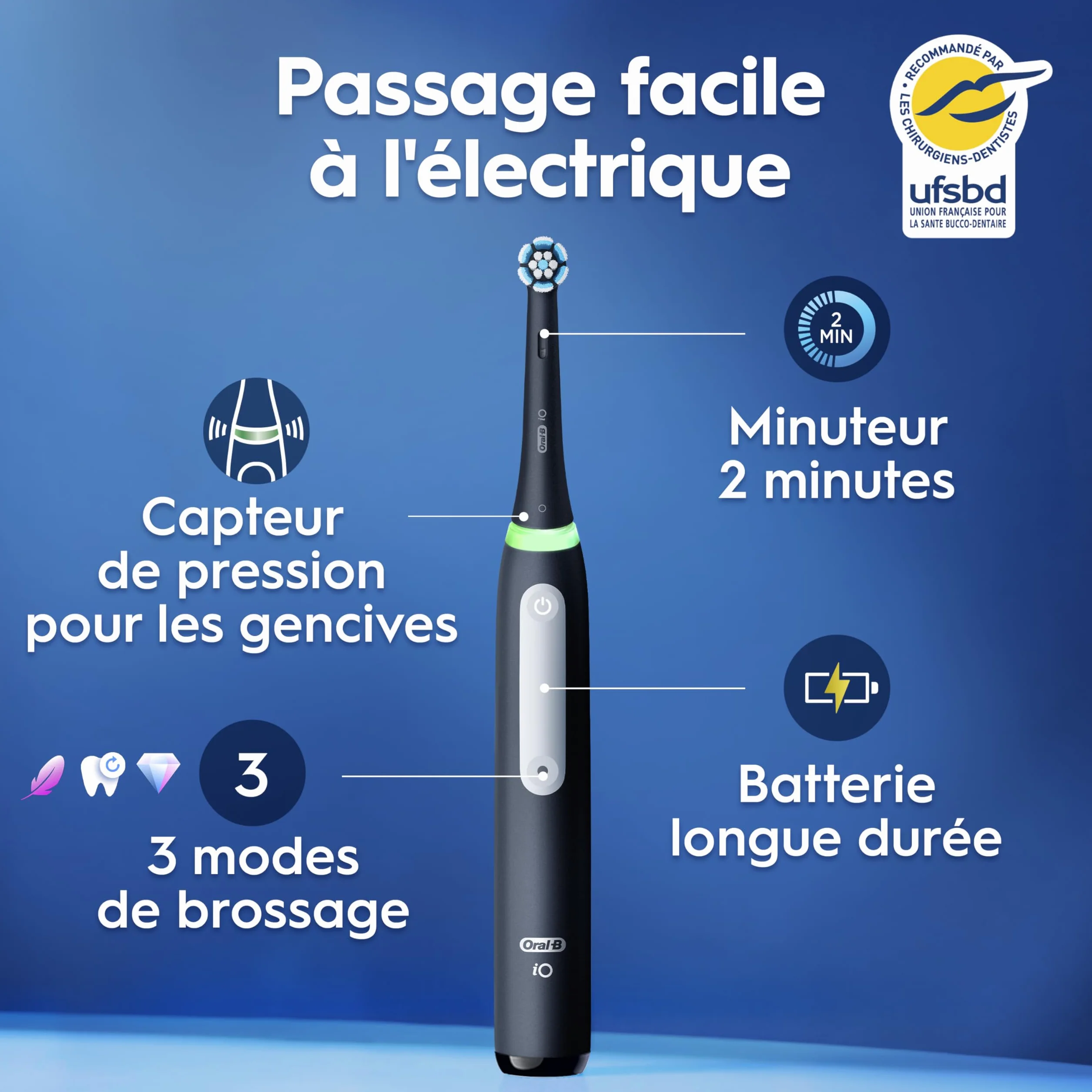 Oral-B iO 3 Brosse À Dents Électrique, Noir Mat, 1 Tête De Brosse, Batterie Longue Durée, Support De Tête De Brosse