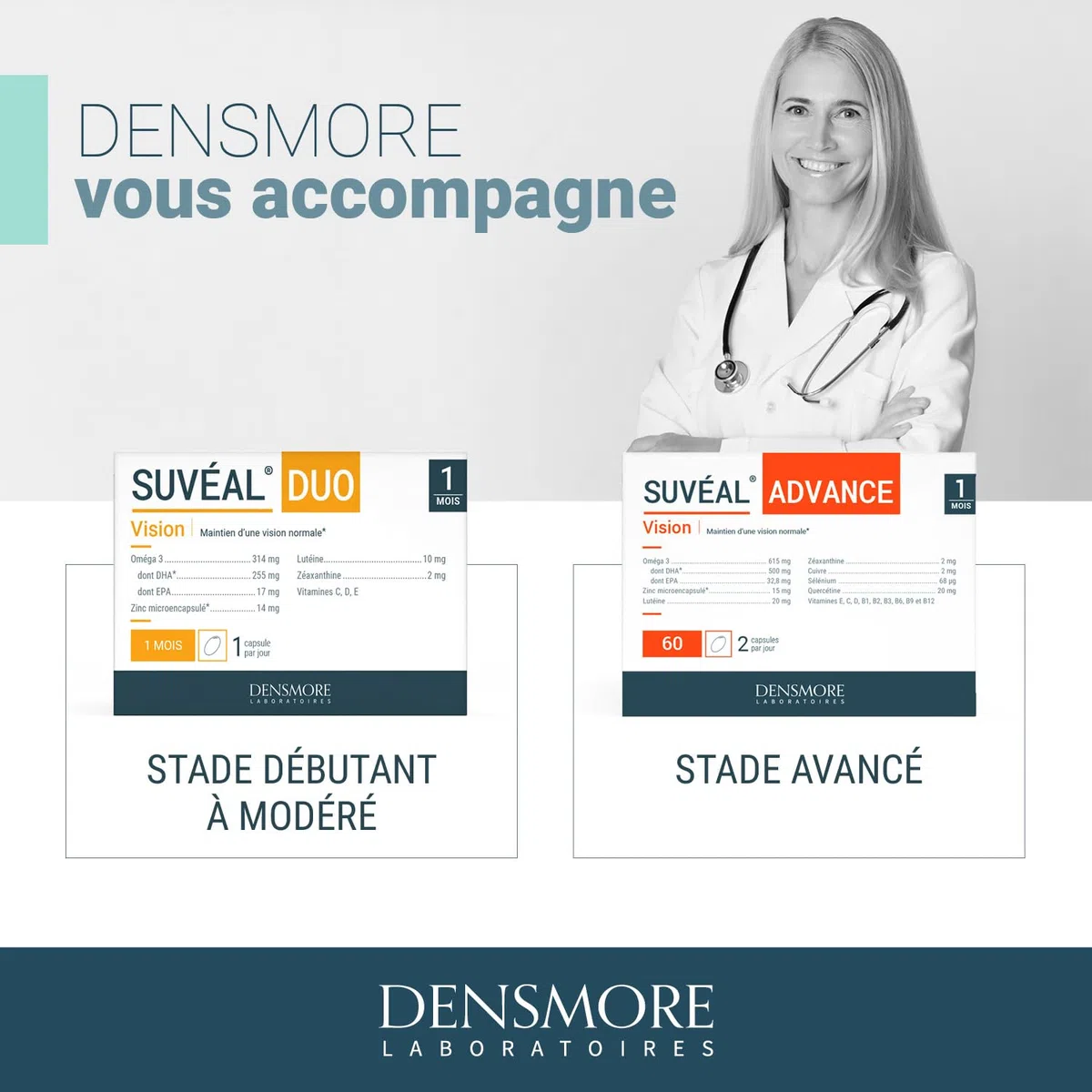 Densmore - SUVEAL Advance 1 mois - Complément Alimentaire Ophtalmologie à base d’Omega 3 (DHA), Lutéine, Zéaxanthine, Quercétine, Vitamines B, Zinc - Formule Ultra-Complète vision - Fabriqué en France