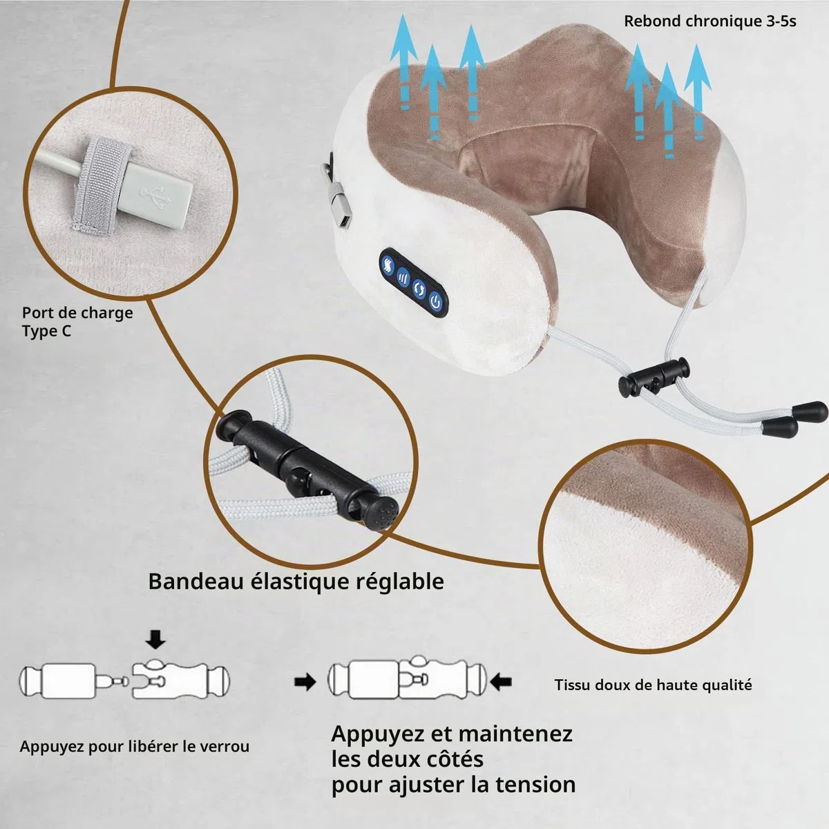 Masseur Cervical et Cou, ADURI Masseur Cervical avec Fonction Chauffage, 3 Niveaux de Force & 3 Modes, Coussin de Massage Électrique pour les Cervicales Douloureuses, Rechargeable par USB