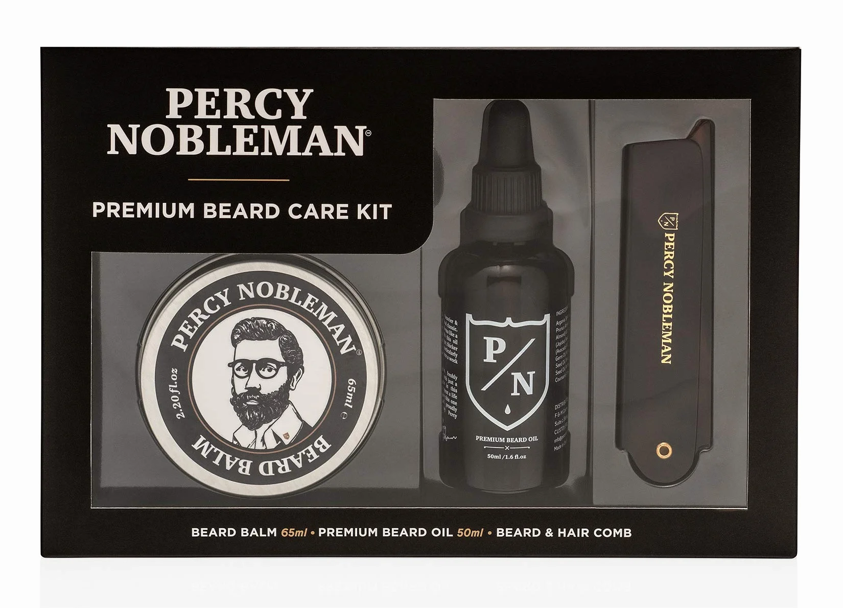 Kit de Soin de Barbe Premium Percy Nobleman, un Coffret de Soin de Barbe en Édition Limitée, Contenant une Huile de Barbe Premium, un Baume pour Barbe et un Peigne Pliable