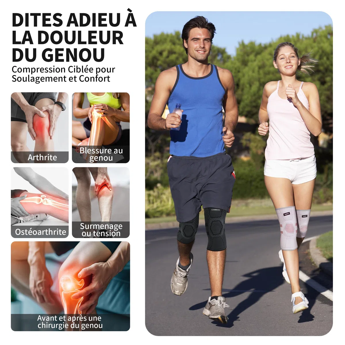 CAMBIVO Genouillere Arthrose Genou 2 Pcs, Genouillère Sport avec Stabilisateurs Latéraux en PMMA et Coussin en Gel Rotulien, Genouillère Rotulienne pour Ménisque, Douleur Genoux, Sport