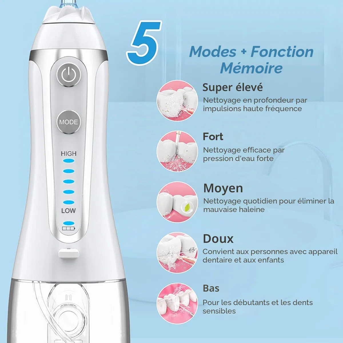 Hydropulseur Jet Dentaire Électrique, 300ml Irrigateur Oral Portable Sans Fil, Charge USB, 6 Buses, 5 Modes d’Impulsion, Boule de Gravité Incluse, IPX7 Étanche, Sac de Voyage Offert