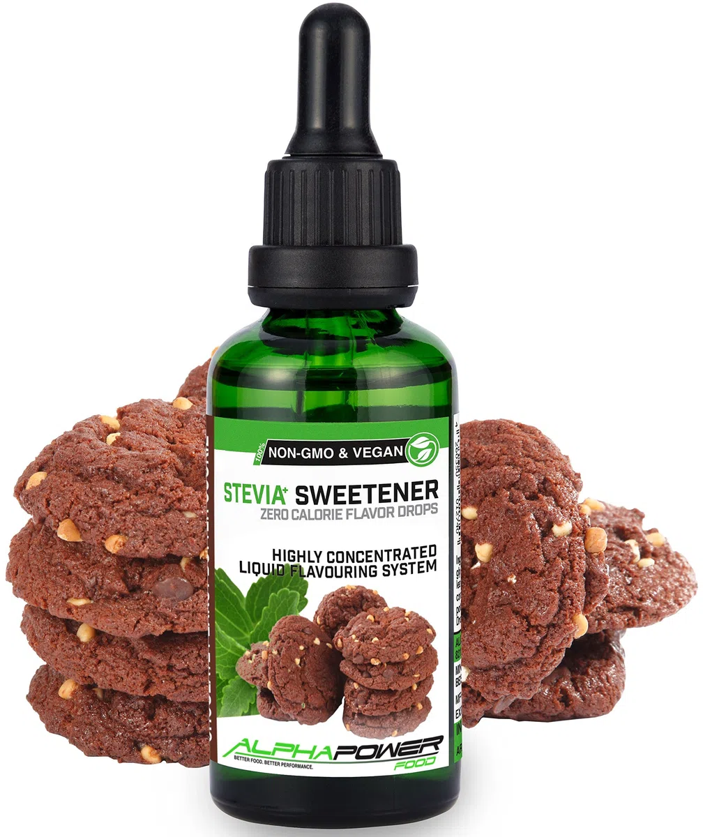 ALPHAPOWER FOOD Stevia liquide, arôme - SET SUPER ÉCONOMIQUE 5x50 ml chocolat blanc, biscuit au beurre, tarte aux pommes cannelle, Goût biscuit au chocolat et au beurre d'arachide, gâteau au fromage