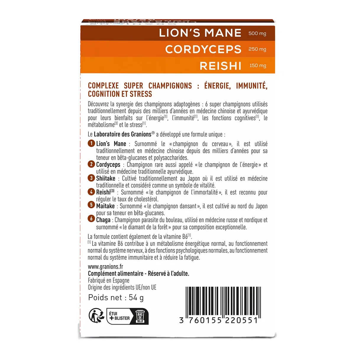 GRANIONS – Complexe Super Champignons Adaptogenes – LIONS MANE + CHAMPIGNONS CORDYCEPS + reishi + chaga + shiitake + maitake – energie immunite cognition stress – vegan 60 comprimes – 1 MOIS