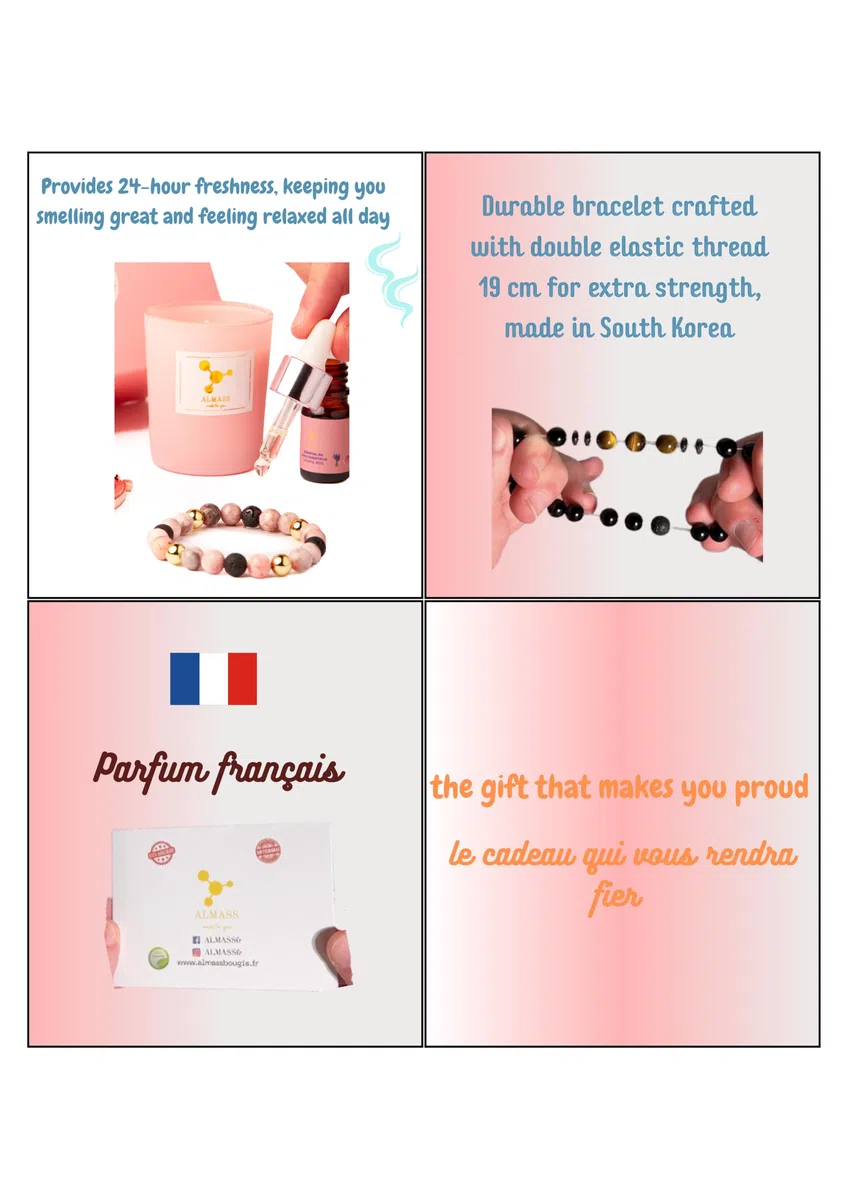 Cadeau pour ma femme - Coffret cadeau - gourmette femme : Bracelet Diffuseur Huile Essentielle 19 cm Artisanal naturel+ 5ml huile essentielle (rose,lavande) + Miroir poche + Bougie parfumée végétale