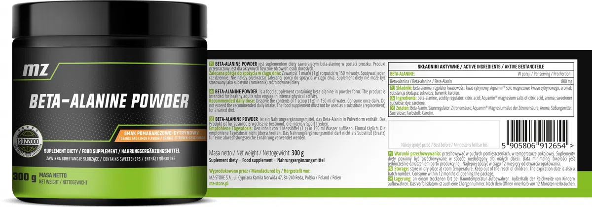 Bêta-alanine 800 mg – Poudre 300 g | 300 portions – Performances à l'entraînement et endurance – MZ