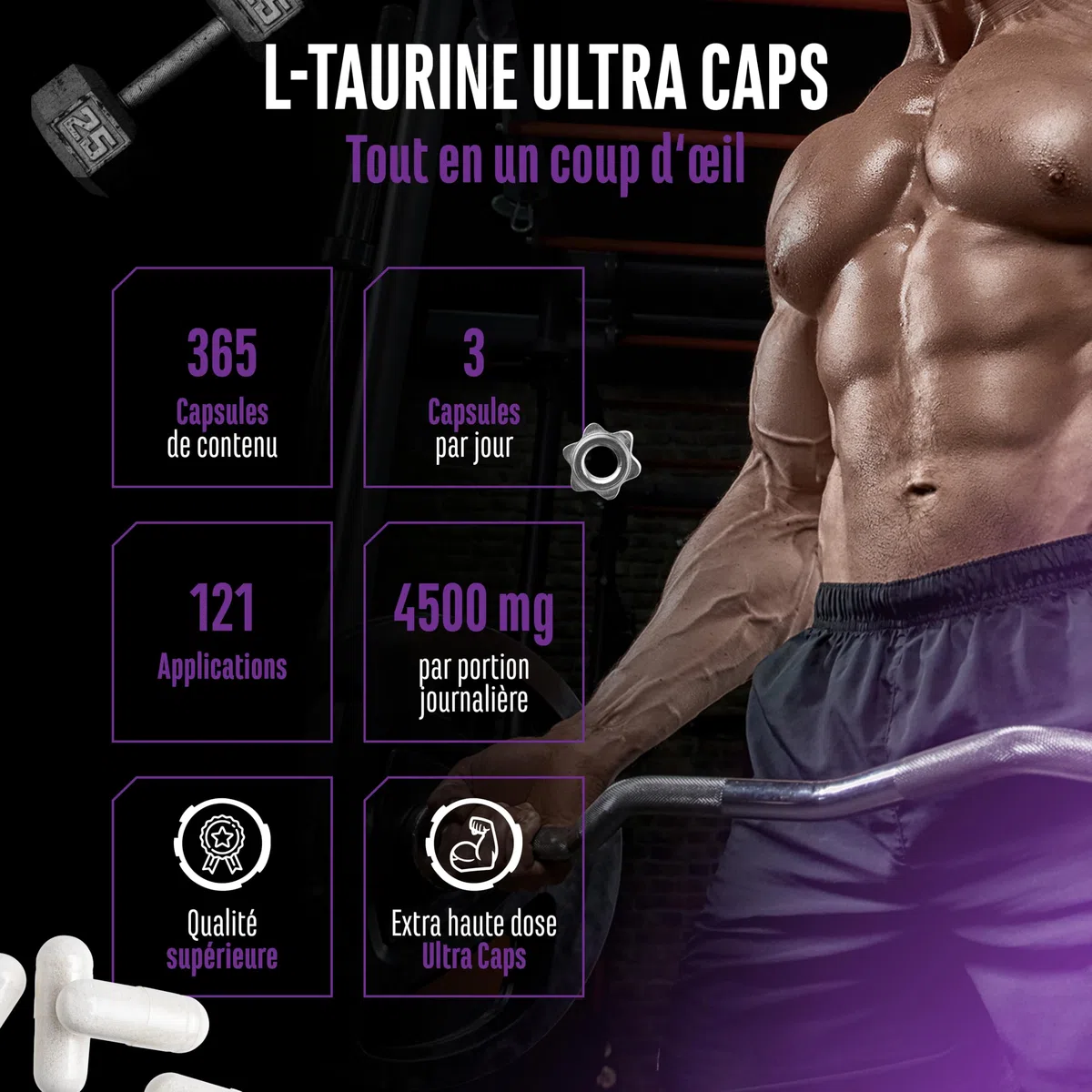 L-Taurin Ultra Caps - 365 capsules - Extra fortement dosé avec 1500 mg par capsule - Acide aminé taurine avec une pureté de 99% - Sans additif indésirable