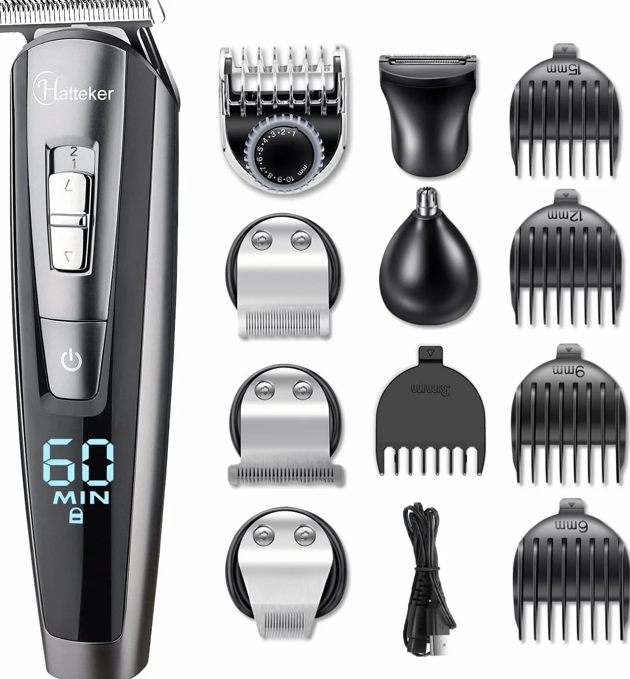 Hatteker Tondeuse Barbe Tondeuse Cheveux Hommes Rasoir Tondeuse Corps Nez-Oreilles Impermeable 5 In 1