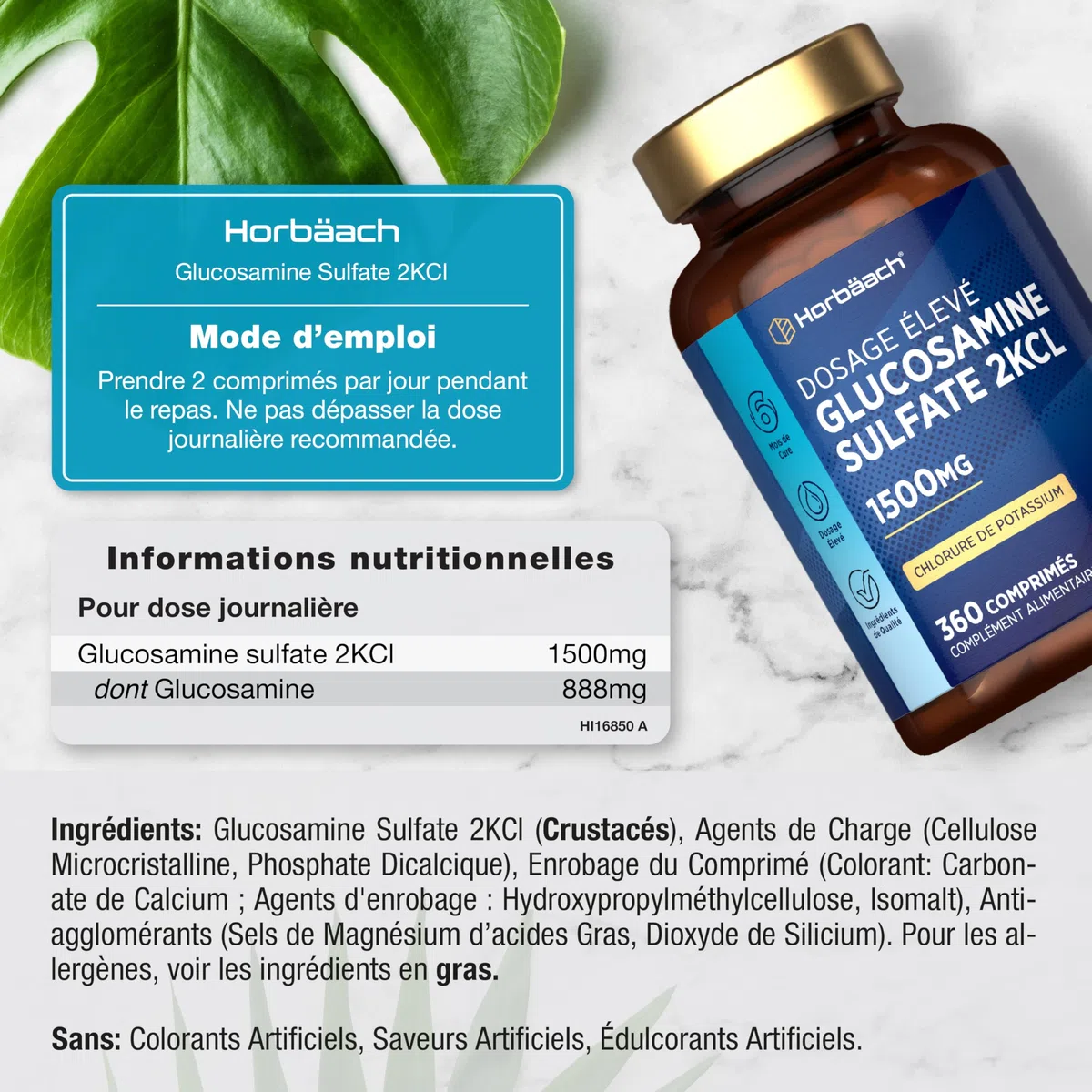 Glucosamine Sulfate 1500mg 2KCl | 360 Comprimés | Complément Alimentaire à Haute Dose | Glucosamine Sulphate Supplement | by Horbaach
