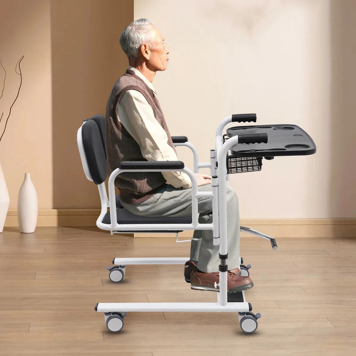 Patientenlifter Chaise de transfert pour patients - Chaise de salle de bain - Fauteuil roulant réglable en hauteur - Pour toilettes et salle de bain