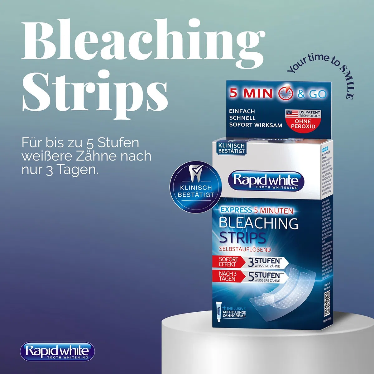Rapid White Lot de 6 paquets de bandes blanchissantes pour des dents plus blanches en 3 jours - Blanchiment visible des dents pour la maison - Sans peroxyde d'hydrogène