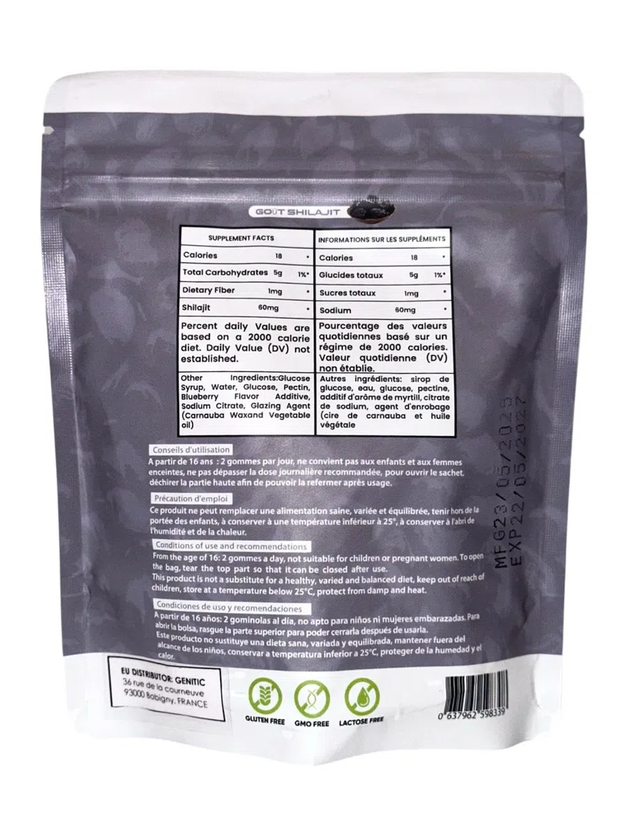 Gummies Shilajit Pur Bio en sachet, Shilajit Himalaya, Boost métabolisme, Libido et Energie, Acide Fulvique, Soutien Immunitaire pour hommes et femmes, complément alimentaire 100% Naturel