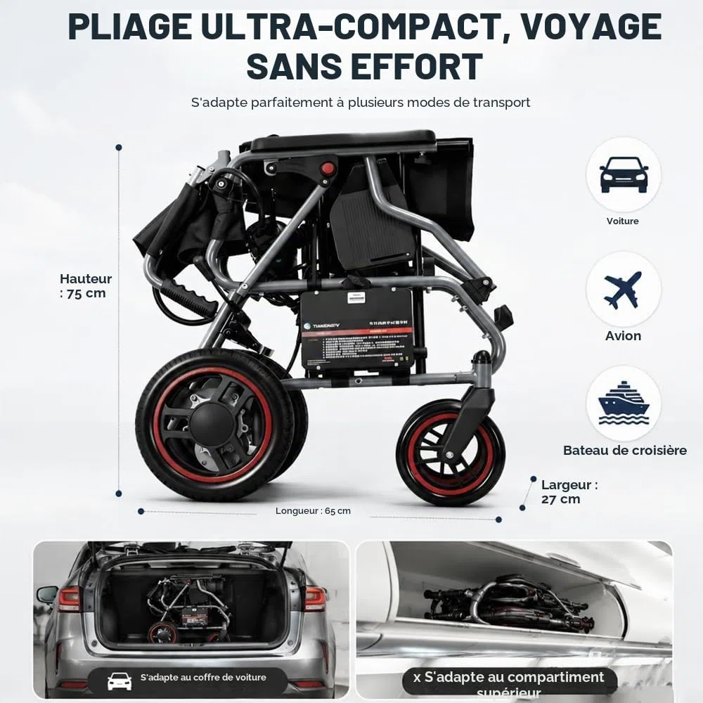 19kg Fauteuil roulant électrique pliable pour adultes, autonomie de 20 km, Fauteuil Roulant Électrique Tout-Terrain Pour Personnes Âgées, Supporte Jusqu’à 150Kg, Noir