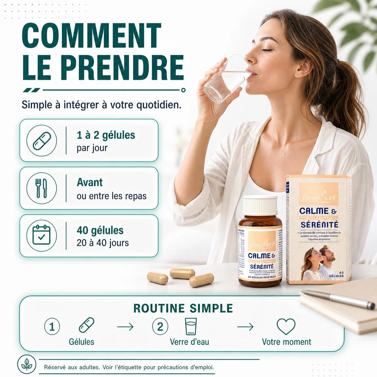 Calme & Sérénité | Ashwagandha + Safran + Griffonia 5-HTP + Rhodiola + Mélisse - Stress Anxiété Angoisse | 40 Gélules Végétales - Essence Pure Api-Nature