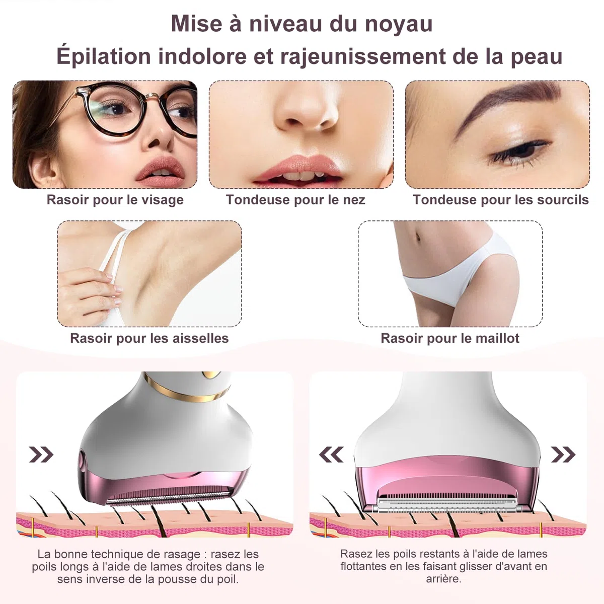 Rasoir électrique 4 en 1 pour femme avec affichage numérique, étanche IPX7, épilateur facial pour femme, rasoir intime pour le visage, les parties intimes, les aisselles, les jambes, recharge