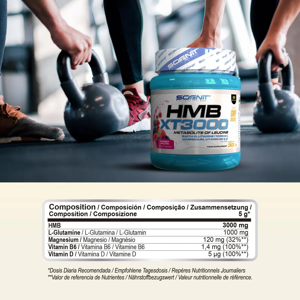 HMB XT 3000-3000 mg de HMB poudre avec saveur - Avec Glutamine, Magnésium, Vitamine B6 et Vitamine D - Saveur fruits des bois (300 g, 60 portions)