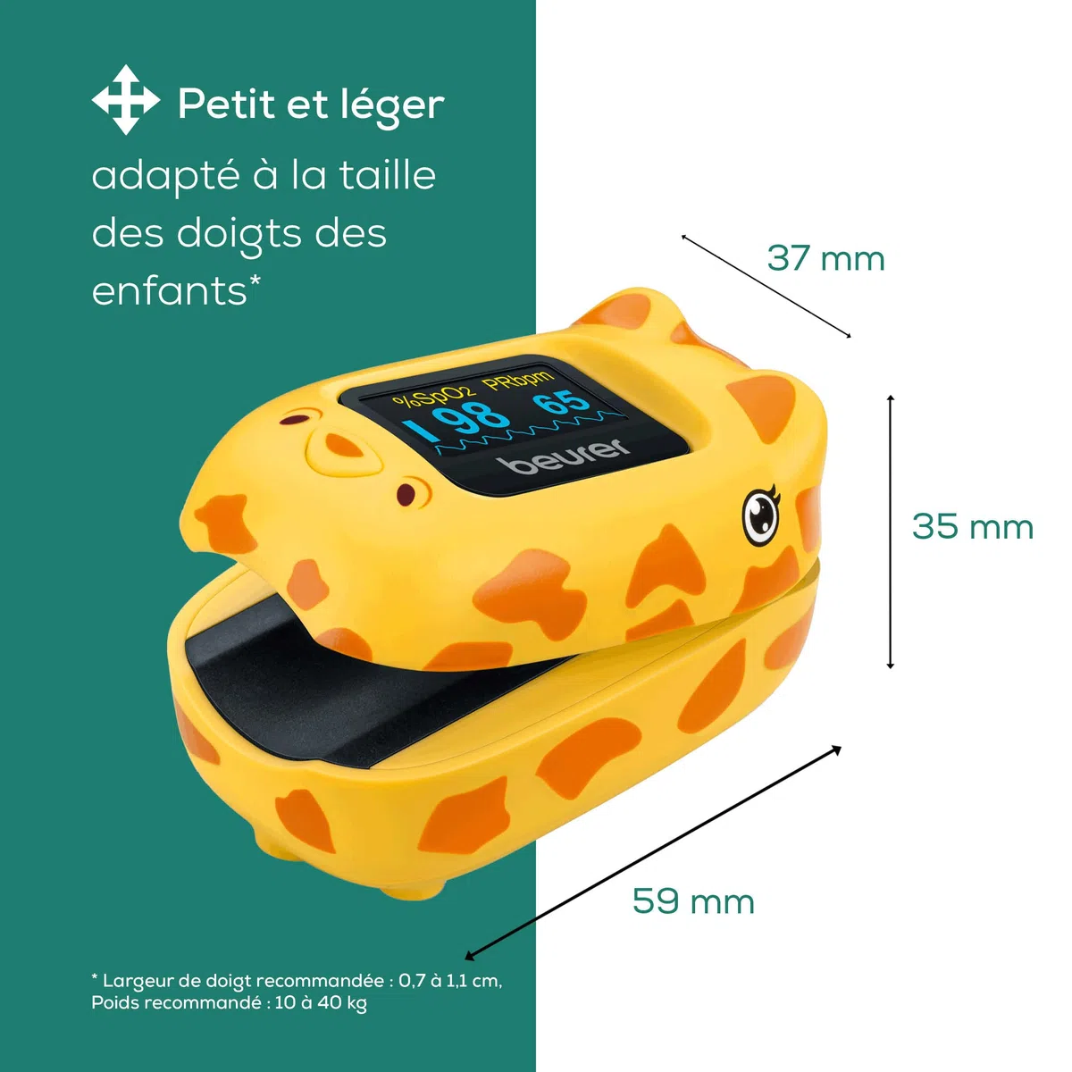 Beurer PO 13 Kids, oxymètre de pouls digital pour enfants, mesure du pouls et de la saturation en oxygène en quelques secondes, petit format,alignement automatique de l'écran, avec sacoche de ceinture