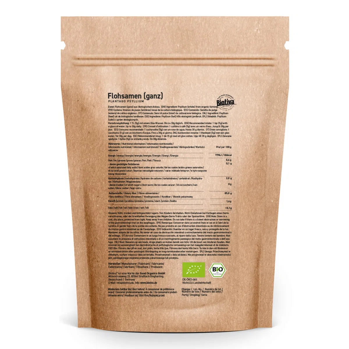 Psyllium bio 1kg, entier - Pureté 99% - Sachet fraîcheur refermable - >85% fibre, Sans lactose, sans gluten, végan, transit - Conditionné en Allemagne - Biotiva