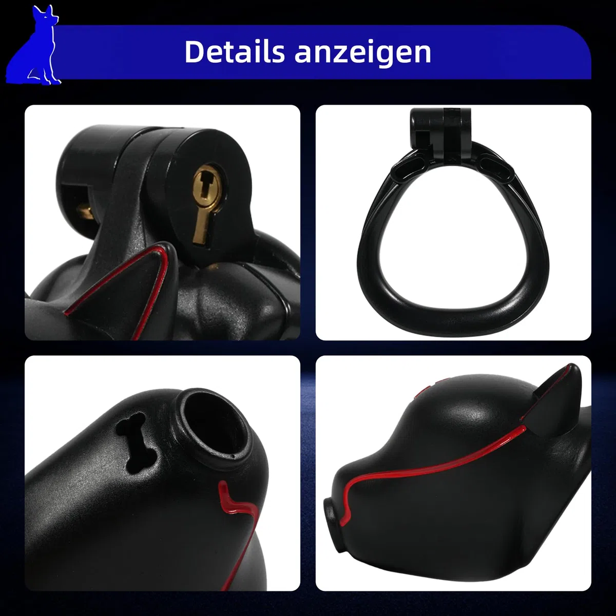 Cage de Chasteté pour Pénis à Tête de Chien Sex Toýs Homme Cage Chastetée avec 4 Anneaux Larges Chastity Cage avec Serrure Cachée et 2 Clés Ceinture de Chasteté pour le Bondage du Pénis (Black,B)