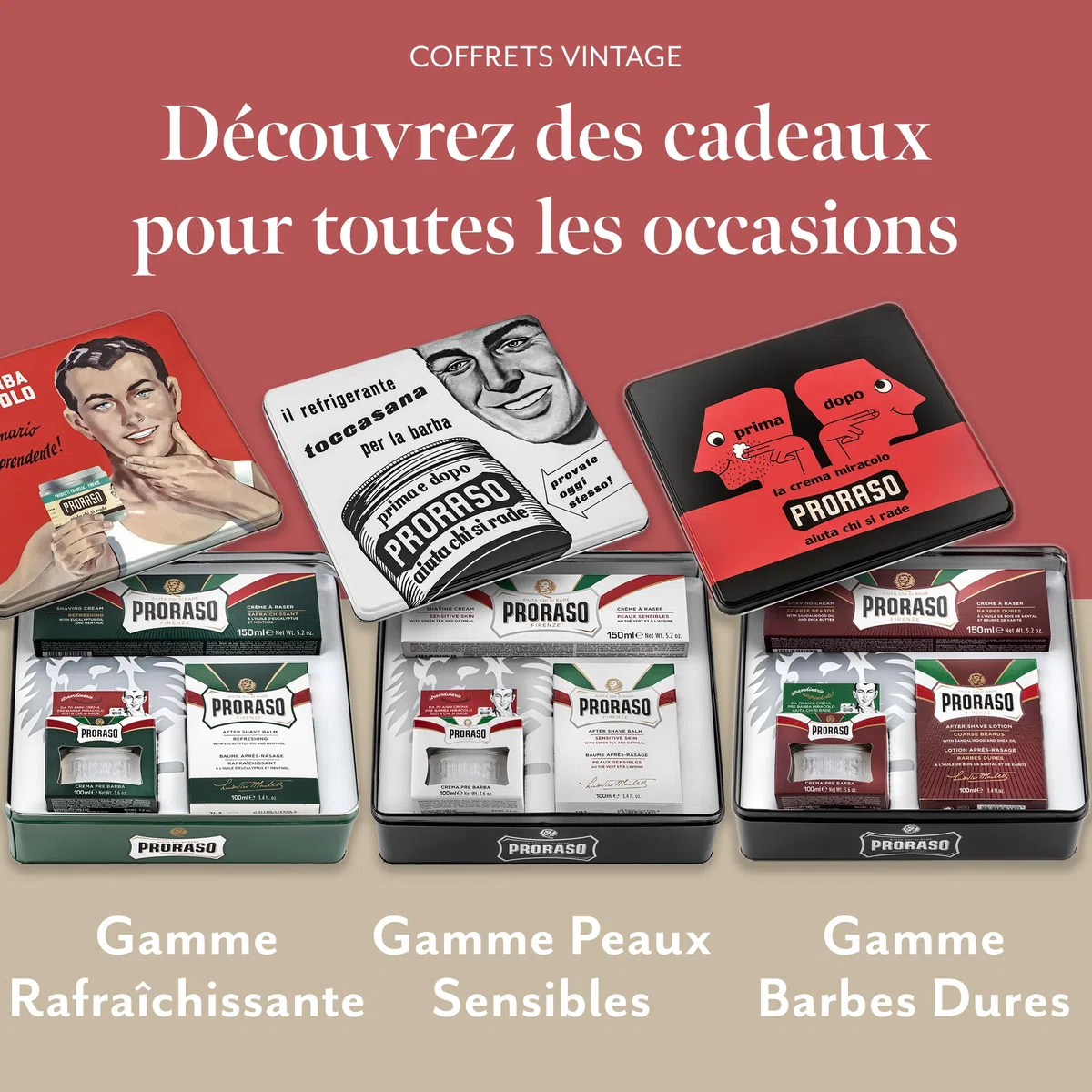Proraso Coffret Cadeau Vintage « Gino », Kit de Rasage (3p) avec Crème Avant-Rasage, Crème à Raser & Baume Après-Rasage, Huile d'Eucalyptus & Menthol