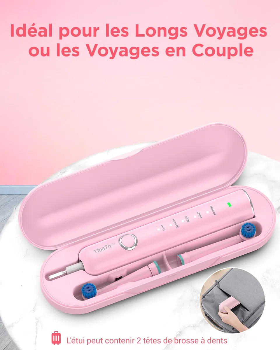 Brosse À Dent Électrique Rotatives pour Adultes - Brosses À Dents Rotatives avec 8 Têtes de Brosse et Étui de Voyage, 5 Modes, Étanche IPX7, Brosse A Dent Electrique de Voyage, Rose