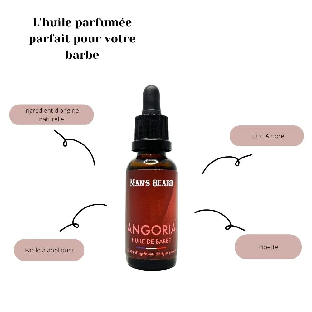 MAN'S BEARD - Huile de barbe - Fragrance Cuir ambré - 100% Fabrication Française - Ingrédients d'origine naturelle - 30 ml