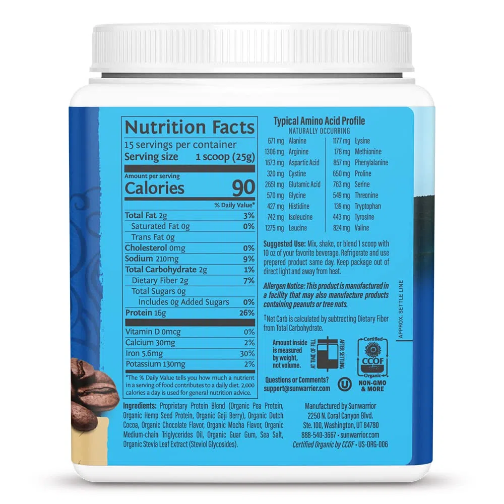 Sunwarrior Warrior Blend Organic Protein Moka pour Unisexe Supplément Alimentaire de 13,2 oz 1 Unité