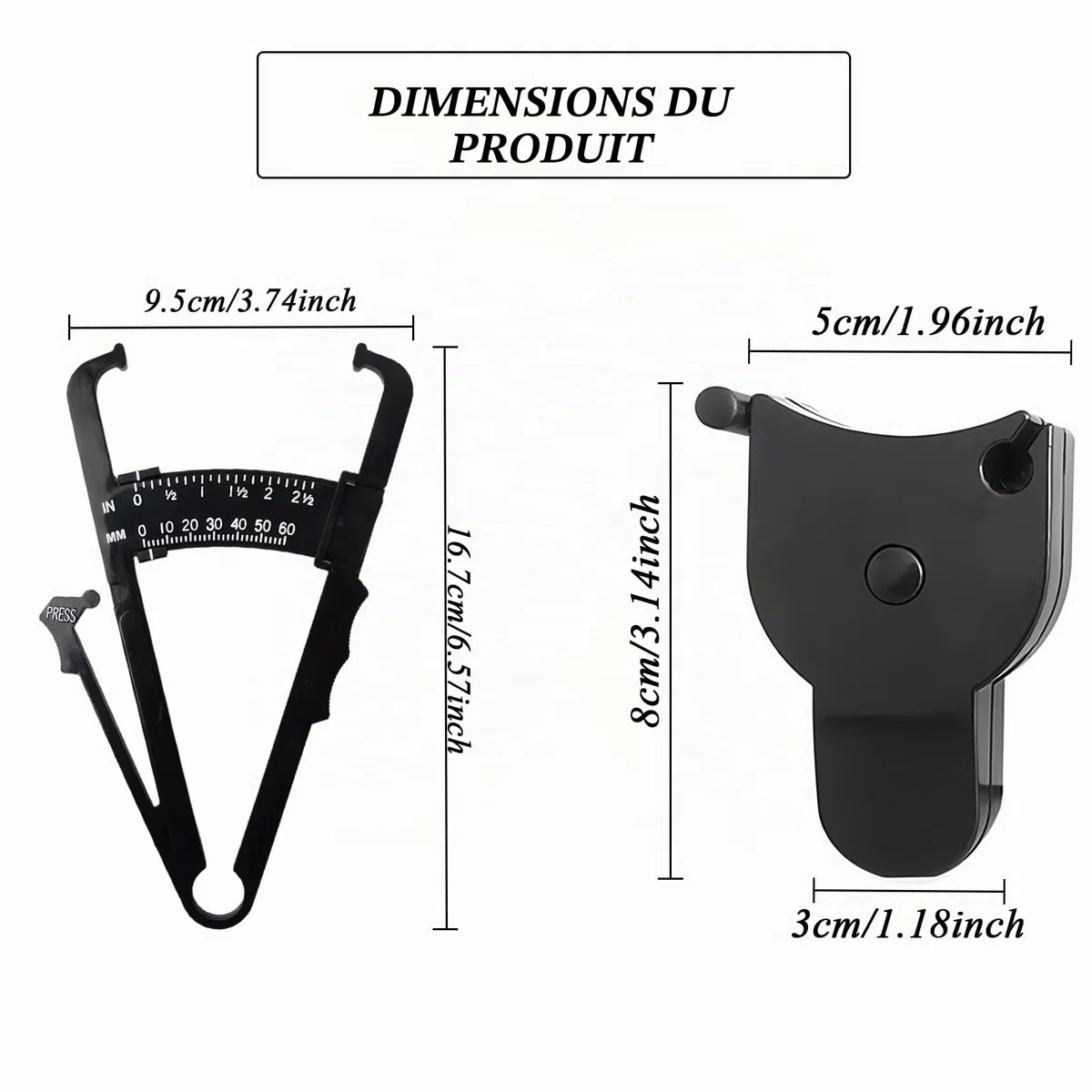 Pince à plis cutanée et Mètre ruban, Analyseur de graisse corporelle dans l'étrier cutané de mesure pour mesurer avec précision le BMI Pliage Fitness et perte de poids