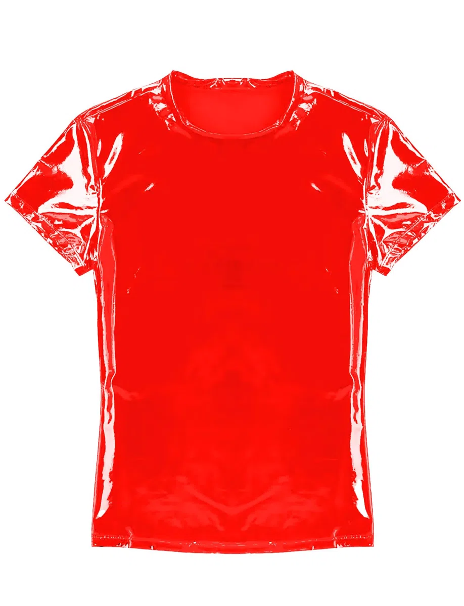 AIEOE T-shirt en cuir verni pour homme - Effet mouillé - Manches courtes - Sexy - Brillant - Tenue de fête