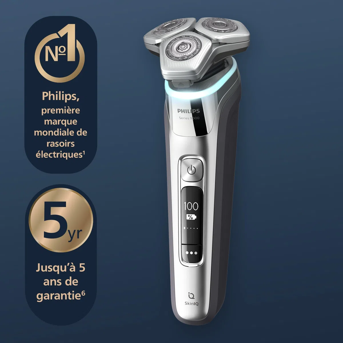 Philips S9000 - rasoir électrique Wet & Dry pour hommes couleur Argent chromé avec lames Lift & Cut, technologie SkinIQ, tondeuse à barbe, socle de charge et étui de transport (modèle S9975/35)