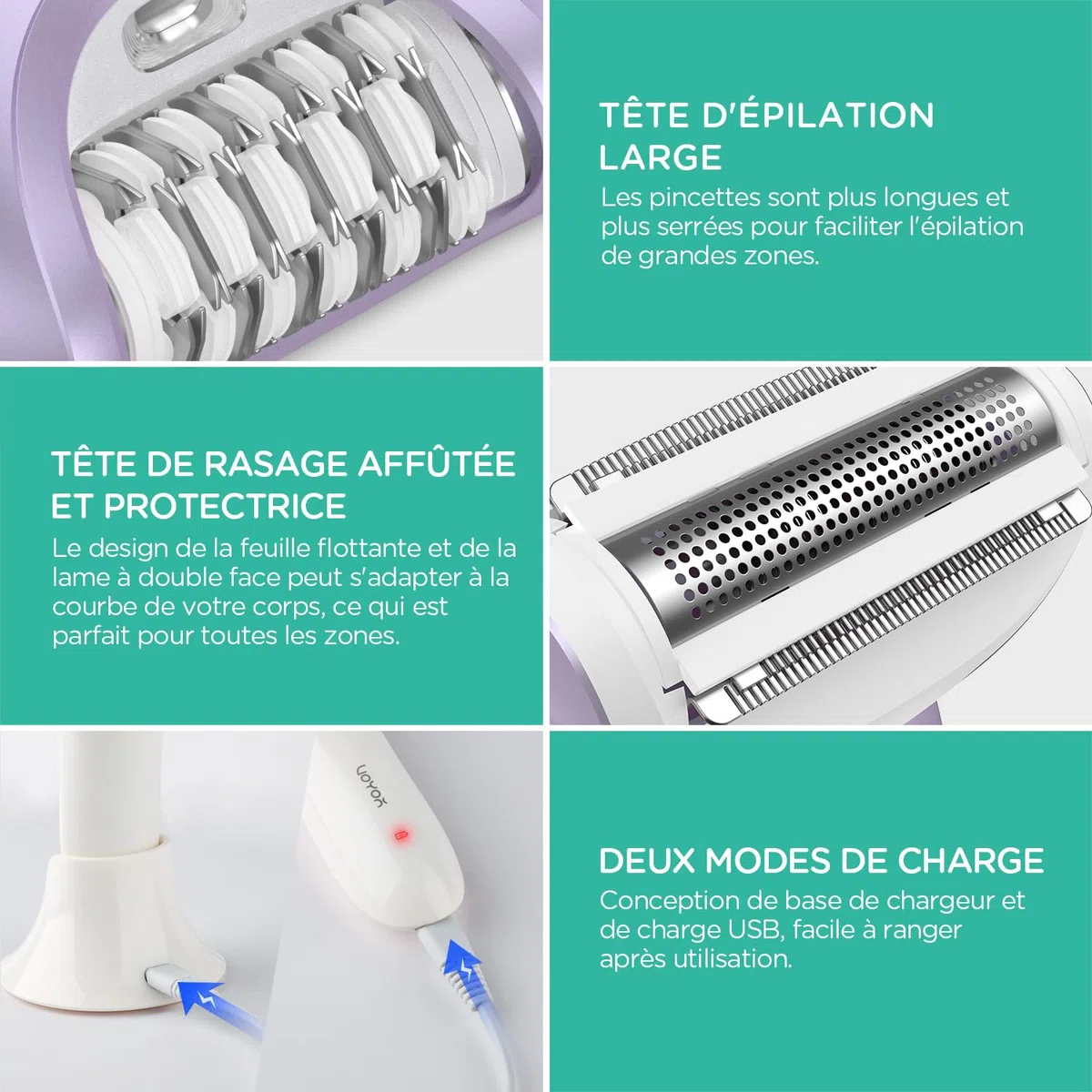 VOYOR Épilateur Électrique Femme, Epilation avec Tête De Rasage Et Tondeuse pour l'épilation du Corps, Rechargeable et Sans Fil, Humide et Sec, Couvert 30 Pinzetten, Lumière LCD BM300 (Violet)