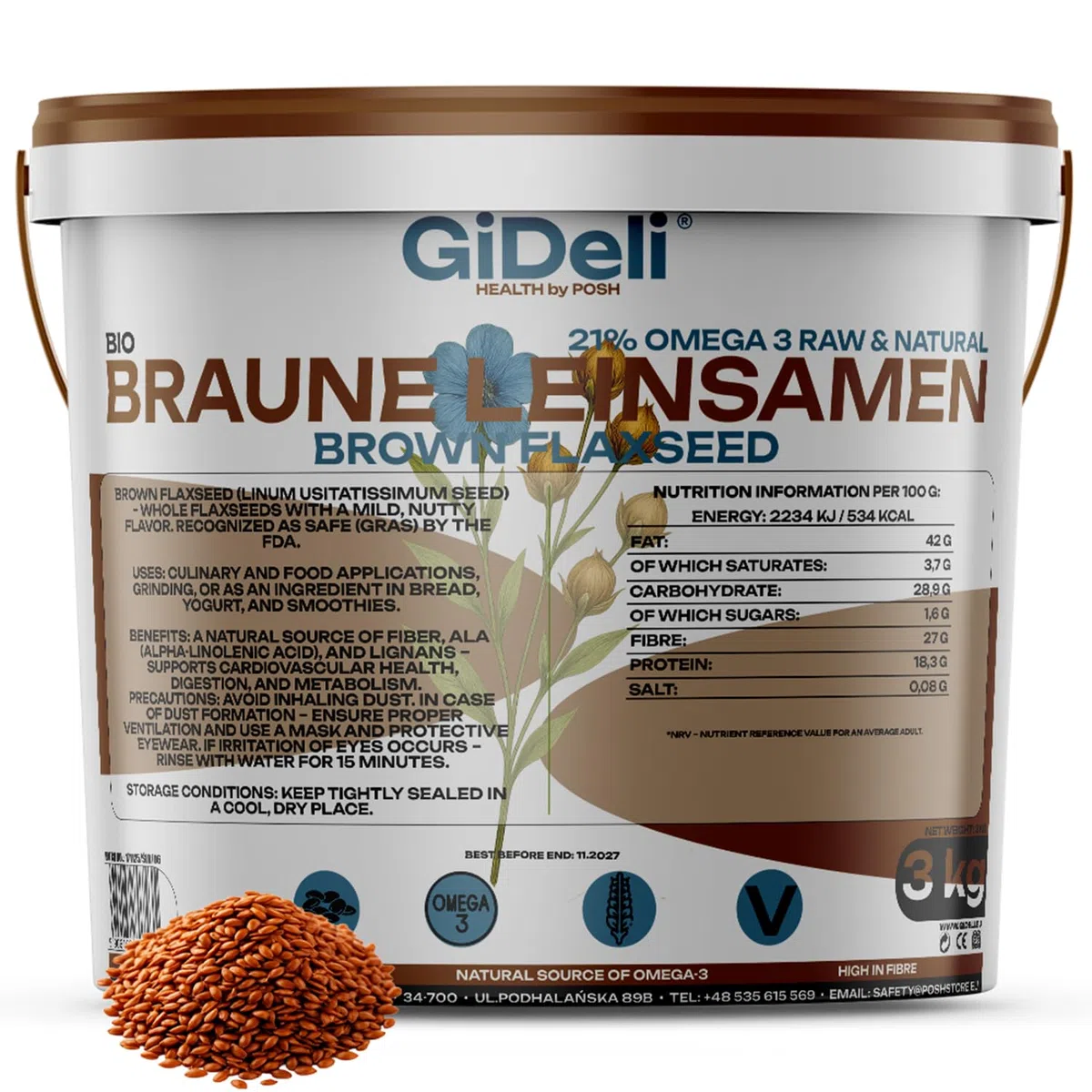 GiDeli Graines de Lin Brun 3kg – Riches en Protéines et Oméga-3 – Faibles en Sucre – Idéales pour Boulangerie et Pâtisserie – Saveur Douce Noisette – Pour Cuisine et Vegan – 100% Naturel