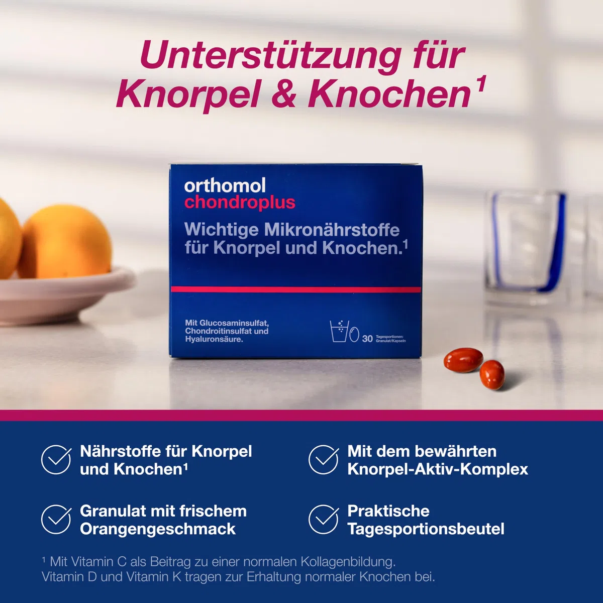 Orthomol chondroplus - Nährstoffe für Knorpel und Knochen - mit Glucosamin, Chondroitinsulfat und Hyaluronsäure - Granulat/Kapseln, 30 pc Portions quotidiennes