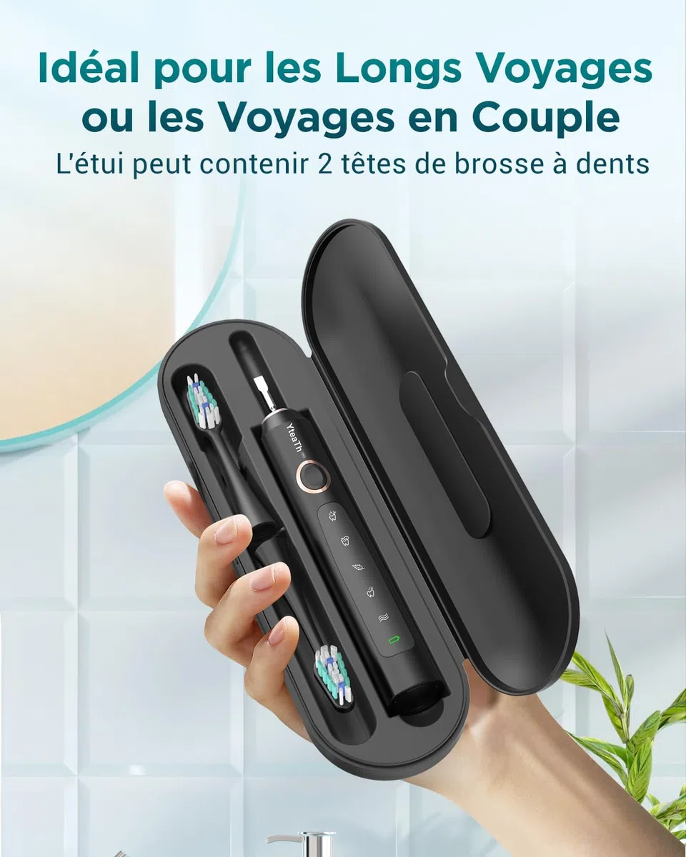 Brosse À Dent Électrique Soniques pour Adultes - Brosse A Dent Sonique avec 8 Têtes de Brosse et Étui de Voyage, 5 Modes, Étanche IPX7, Brosse A Dent Electrique de Voyage Rechargeable, Noir