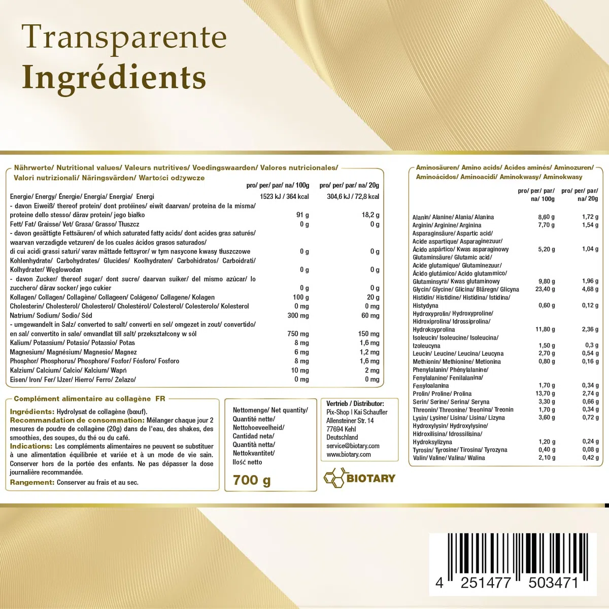 Poudre de Collagène 700 g Hydrolysat de Collagène 100% Pur Peptides de Type 1, 2 et 3, Excellente Solubilité Goût Neutre Formule Pure Qualité Contrôlée