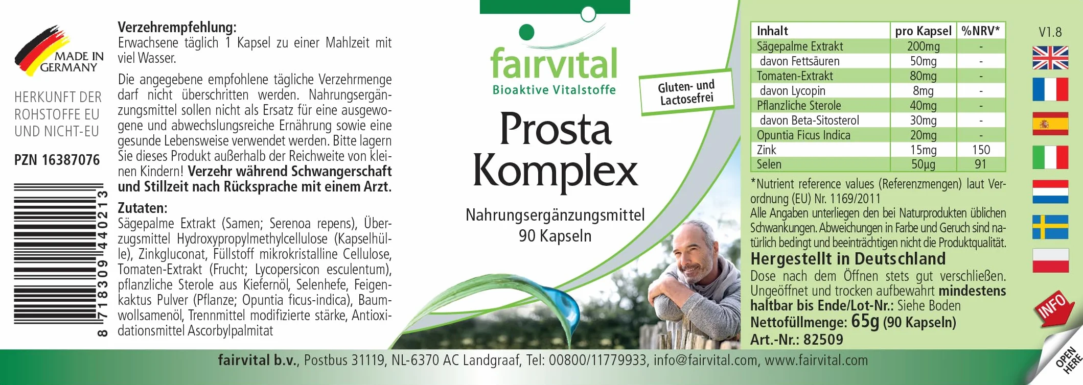 fairvital Complexe Prosta, VÉGÉTALIEN, HAUTEMENT DOSÉ, 90 gélules, avec sélénium, zinc, palmier nain, lycopène, bêta-sitostérol et opuntia