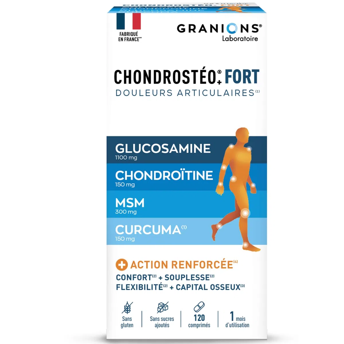GRANIONS CHONDROSTEO+ FORT Articulations - Formule Renforcée - Curcuma - Mobilité & Souplesse Articulaire, Flexibilité, Capital Osseux - Glucosamine, Chondroïtine, MSM, Curcuma - 120 comprimés
