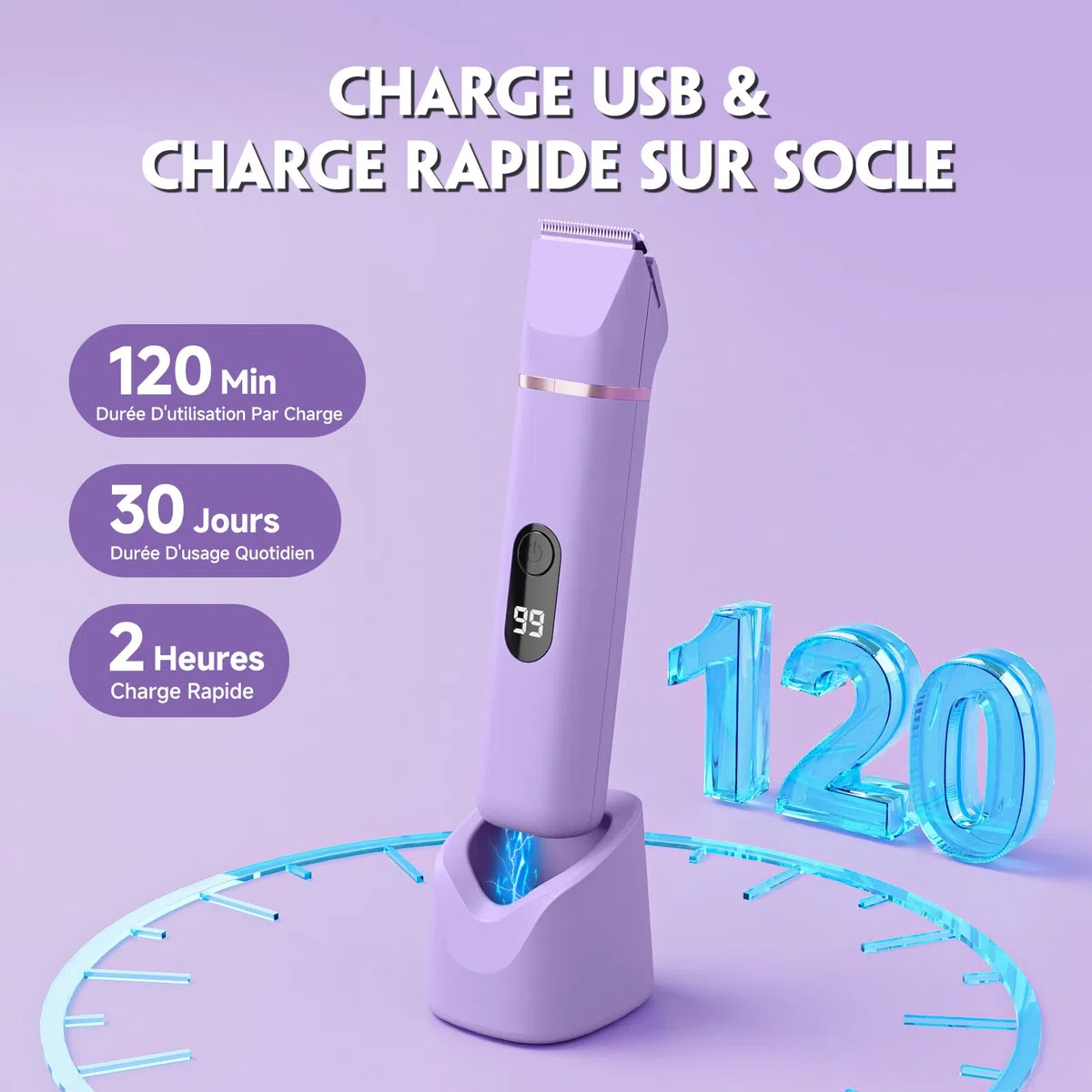 Tondeuse Femme Intime Maillot, Rasoir Électrique Femme 3-en-1, Rasoir Femme sans Douleur, Épilateur Visage et Corps Étanche avec Écran LCD pour Jambes, Bras, Aisselles