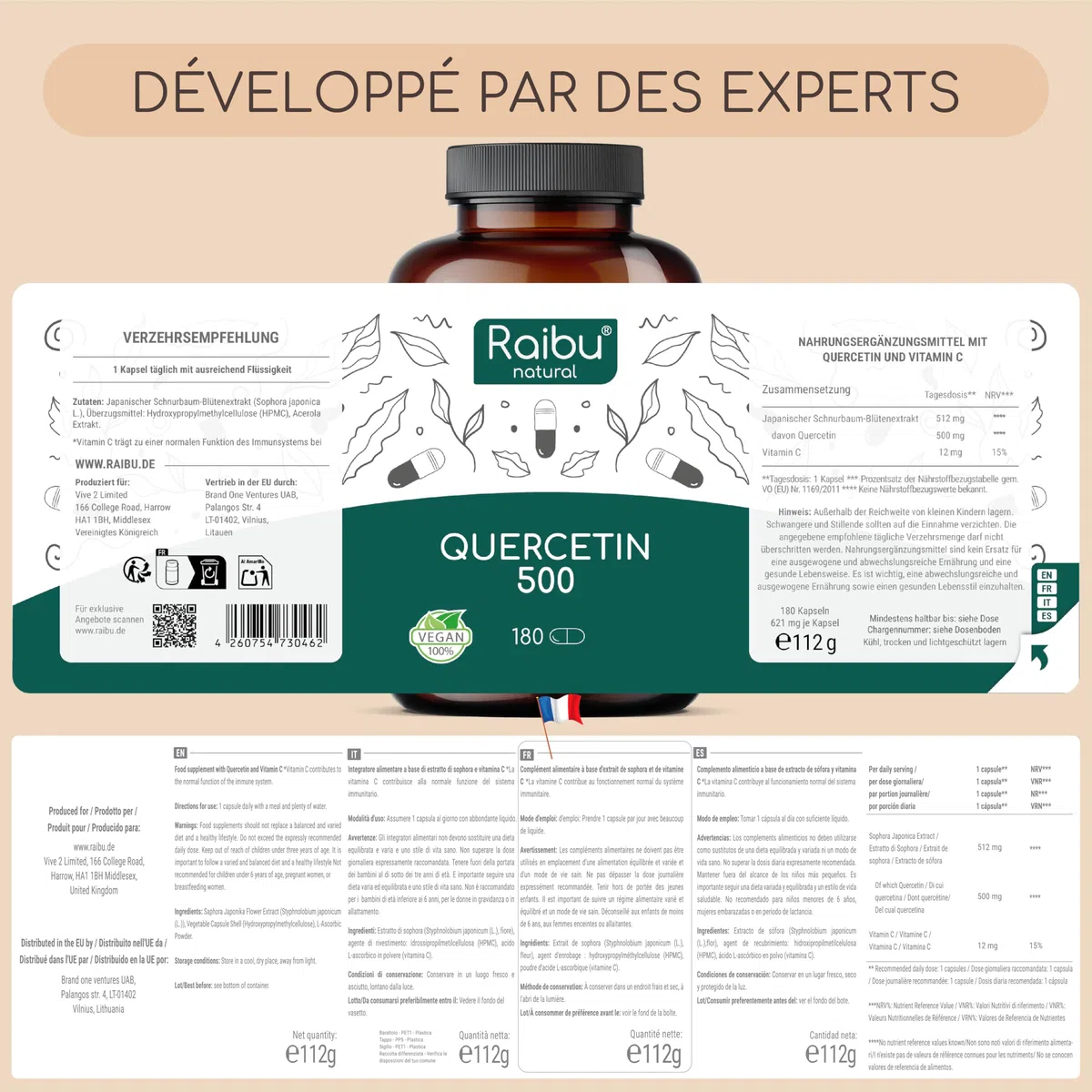 Quercétine, 180 Gélules pour 6 Mois - 500 mg par Gélule, Quercétine issue des Fleurs de Sophora Japonica - Flavonoïdes Haute Biodisponibilité - Testé en laboratoire, Sans Additifs - RAIBU