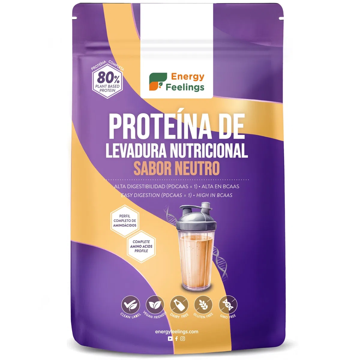 Energy Feelings Protéine Végétale de Levure Nutritionnelle 80%, Vegan Protein Powder, Protéine en Poudre Goût Neutre Sans Sucre Ajouté et Sans Lactose pour Musculation, Naturelle, 1kg