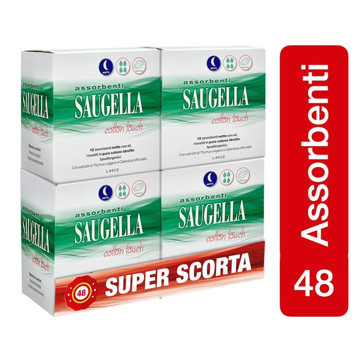 Saugella Saugella Cotton Touch Serviettes Extérieures Nuit Action Anti-odeurs Avec Ailes En Coton Hypoallergéniques 48 Pièces