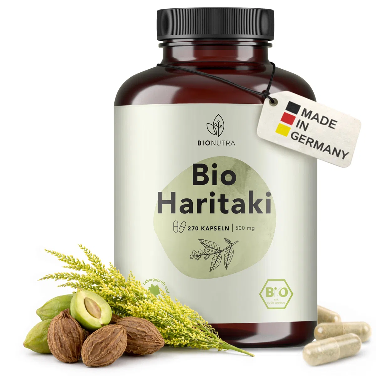 BIONUTRA® Gélules de Haritaki bio hautement dosées 3000 mg/jour, contrôlées résidus, fabrication allemande, véganes, sans lactose, gluten ni additifs, bio Haritaki poudre, 270 pièces x 500 mg