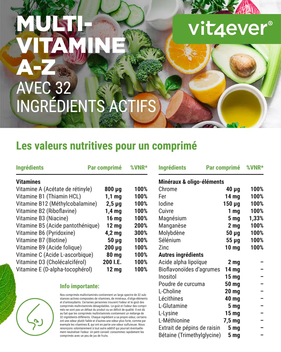 Multivitamine A-Z - 365 comprimés (12 mois) - 32 principes actifs - Combinaison de minéraux + acides aminés + oligo-éléments + extraits de plantes - Vegan - Fortement dosé